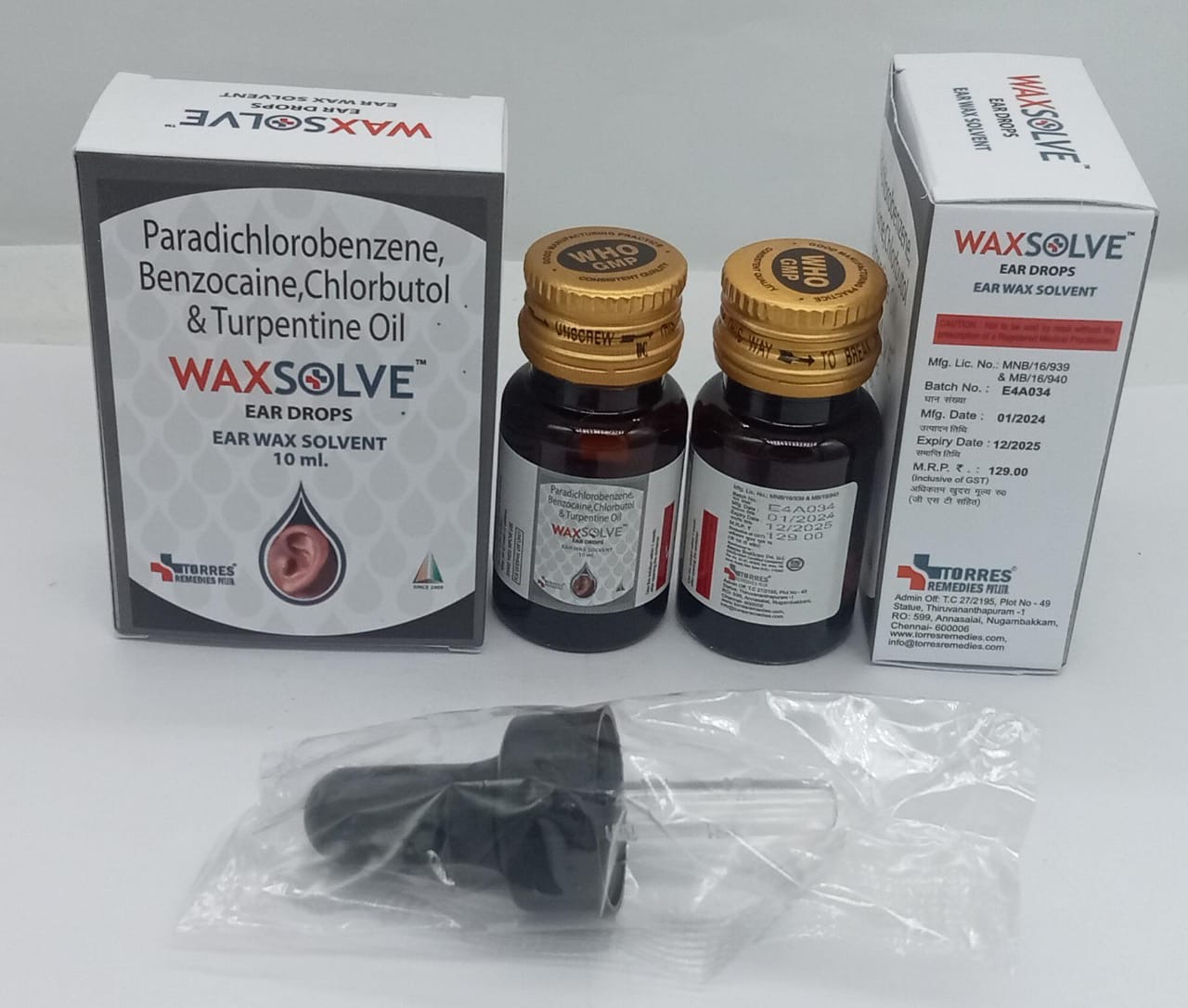 Paradichlorobenzene, Benzocaine, Chlorbutol & Turpentine Oil Ear Drop